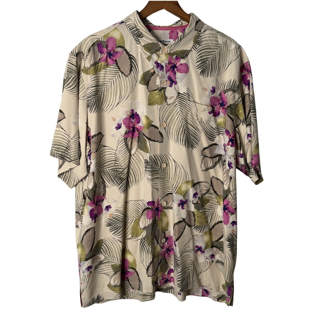 Tommy Bahama Mens XXL Silk Floral Hibiscus Palm Leaf Hawaiian Camp Shirt Beige